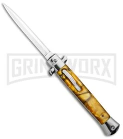 11" Italian Stiletto OTF Automatic Knife Yellow Acrylic Dagger (4.75" Satin)