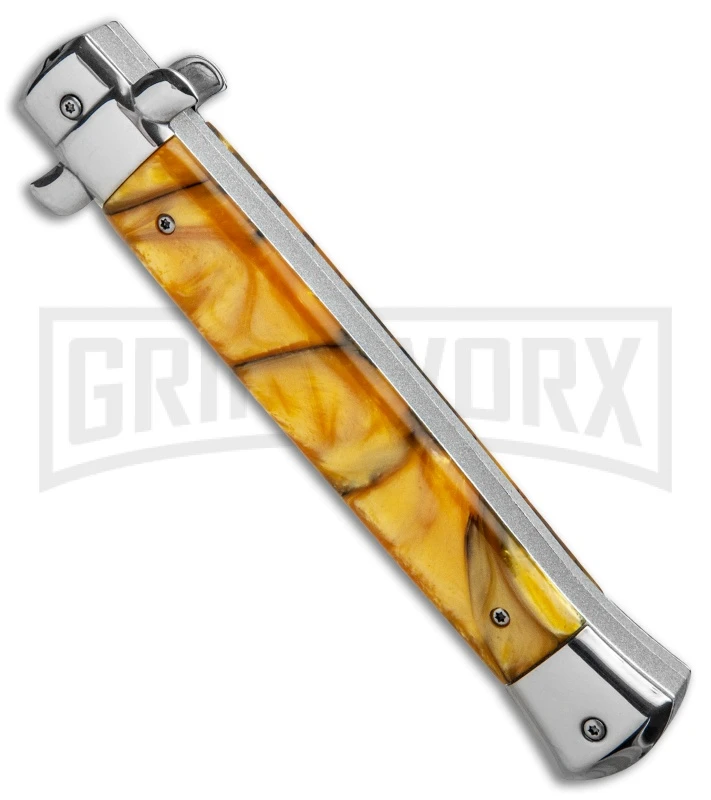 11" Italian Stiletto OTF Automatic Knife Yellow Acrylic Dagger (4.75" Satin) 5 11" Italian Stiletto OTF Automatic Knife Yellow Acrylic Dagger (4.75" Satin) - Image 3