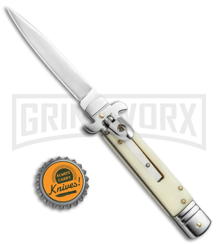 8" Leverlock Sim Ivory Automatic Knife - Bayonet Satin Plain 7 8" Leverlock Sim Ivory Automatic Knife - Bayonet Satin Plain - Image 5