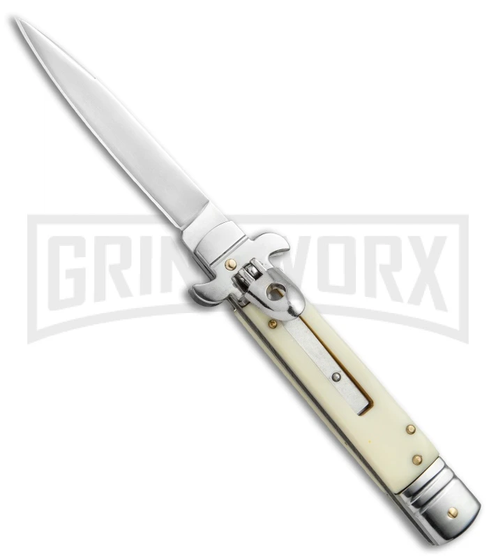 8" Leverlock Sim Ivory Automatic Knife - Bayonet Satin Plain 3 8" Leverlock Sim Ivory Automatic Knife - Bayonet Satin Plain