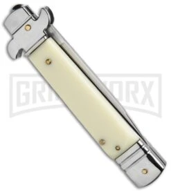 8" Leverlock Sim Ivory Automatic Knife - Bayonet Satin Plain 9 8" Leverlock Sim Ivory Automatic Knife - Bayonet Satin Plain -Best Knifes Shop 7.625in Leverlock Sim Ivory Bayo GBS1875 BP 19558 jr side large
