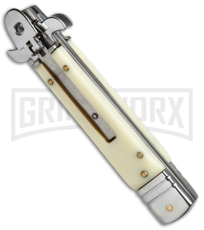 8" Leverlock Sim Ivory Automatic Knife - Bayonet Satin Plain 4 8" Leverlock Sim Ivory Automatic Knife - Bayonet Satin Plain - Image 2