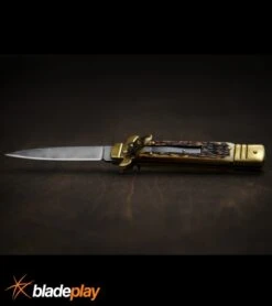 8" Leverlock Stag Horn Automatic Knife - Bayonet -Best Knifes Shop 7.625in Leverlock Stag Horn Auto Bayo GBS61 BP 16669 jr lifestyle