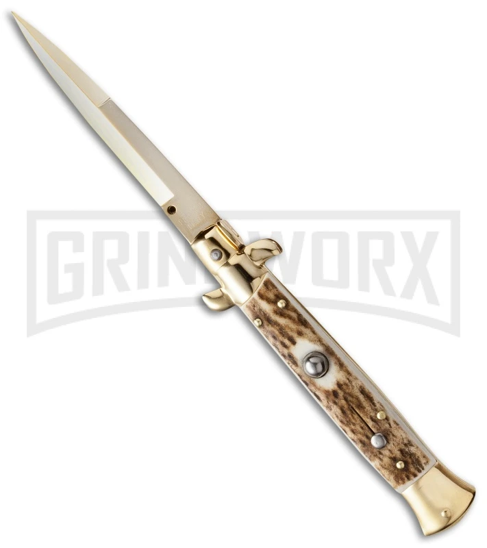 Frank B. 9" Italian Stiletto Stag Automatic Knife - Gold Bayonet 3 Frank B. 9" Italian Stiletto Stag Automatic Knife - Gold Bayonet