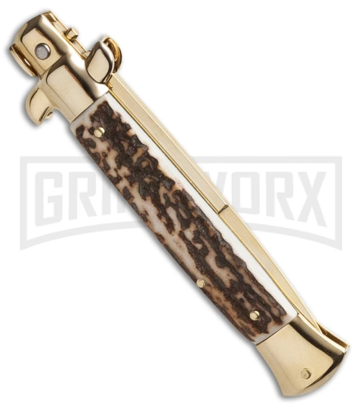 Frank B. 9" Italian Stiletto Stag Automatic Knife - Gold Bayonet 4 Frank B. 9" Italian Stiletto Stag Automatic Knife - Gold Bayonet - Image 2