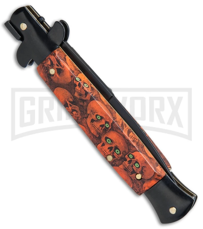 9" Anomaly Stiletto Red Skull Automatic Knife - Bayonet Black Plain 5 9" Anomaly Stiletto Red Skull Automatic Knife - Bayonet Black Plain - Image 3