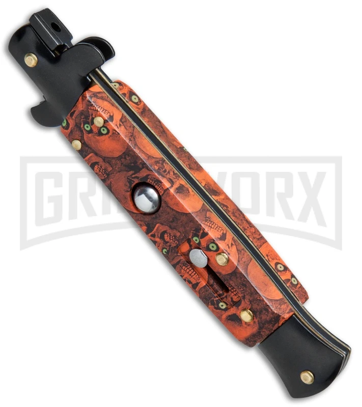 9" Anomaly Stiletto Red Skull Automatic Knife - Bayonet Black Plain 4 9" Anomaly Stiletto Red Skull Automatic Knife - Bayonet Black Plain - Image 2