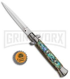 Frank B 9" Italian Stiletto Abalone Automatic Knife - Dagger Satin -Best Knifes Shop 9in Frank B Genuine Abalone Automatic Stiletto Dagger BP 8804 jr bottlecap large