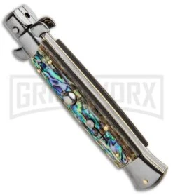 Frank B 9" Italian Stiletto Abalone Automatic Knife - Dagger Satin -Best Knifes Shop 9in Frank B Genuine Abalone Automatic Stiletto Dagger BP 8804 jr spine large