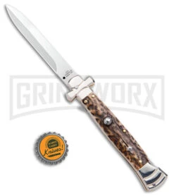 A.G.A. Campolin 9" Maltese Cross Stiletto Stag Automatic Knife - Bayonet Satin -Best Knifes Shop AGA Campolin 9in Maltese Cross Stiletto Auto Stag Horn Bayo BHQ 50662 jr bottlecap large