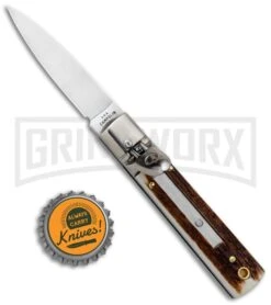 AGA 6" Mini Classic Lever Lock Stag Automatic Knife - Satin Plain -Best Knifes Shop AGA Classic 6in LL Auto Italian Stag Satin GX 36958 jr bottlecap large