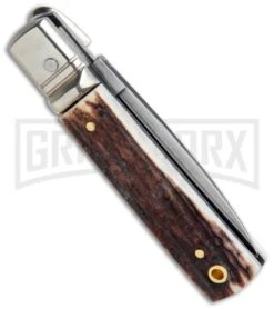 AGA 6" Mini Classic Lever Lock Stag Automatic Knife - Satin Plain -Best Knifes Shop AGA Classic 6in LL Auto Italian Stag Satin GX 36958 jr side large