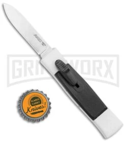 AKC Minion Concord White/Black OTF Automatic Knife - Spear Point Satin Plain -Best Knifes Shop AKC 007 Mini Concord OTF Auto White Black Satin BHQ 135712 jr bottlecap large