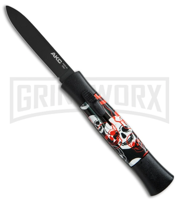 AKC 077 Concord Red/White Skull OTF Automatic Knife - Flat Grind Black Plain 3 AKC 077 Concord Red/White Skull OTF Automatic Knife - Flat Grind Black Plain