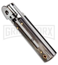 AKC 6" Mini Classic Lever Lock Brazilian Horn Automatic Knife - Satin Plain -Best Knifes Shop AKC Classic Leverlock Brazilian Horn BHQ 50889 ns spine large