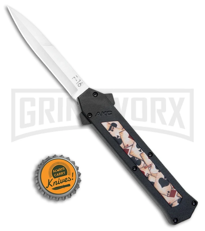 AKC F-16 Ace Playing Cards Inlay D/A OTF Automatic Knife - Bayo Satin Plain 6 AKC F-16 Ace Playing Cards Inlay D/A OTF Automatic Knife - Bayo Satin Plain - Image 4