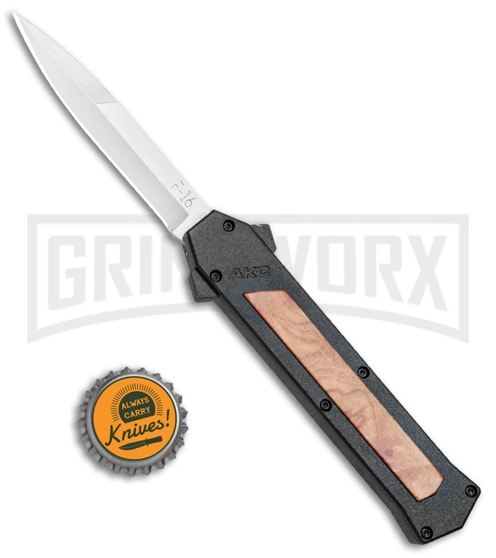 AKC F-16 Black/Wood D/A OTF Automatic Knife - Bayo Satin Plain 6 AKC F-16 Black/Wood D/A OTF Automatic Knife - Bayo Satin Plain - Image 4