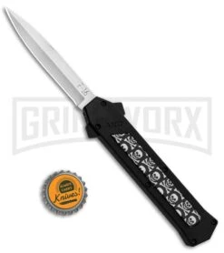 AKC F-16 Skulls D/A OTF Automatic Knife - Bayo Satin Plain -Best Knifes Shop AKC F 16 DA Bayo OTF Auto Skulls Satin BHQ 84593 jr bottlecap large