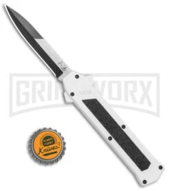 AKC F-16 White D/A OTF Automatic Knife - Bayo Two Tone Plain -Best Knifes Shop AKC F 16 DA Bayo OTF Auto White TT BHQ 114660 jr bottlecap large