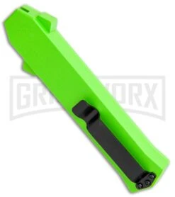 AKC F-16 Neon Green D/A OTF Automatic Knife - Dagger Satin Plain -Best Knifes Shop AKC F 16 DA Dagger OTF Auto Neon Green Satin BHQ 113380 jr side large