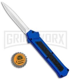 AKC F-16 Blue D/A OTF Automatic Knife - Dagger Satin Plain -Best Knifes Shop AKC F 16 DA Dagger OTF Blue Satin BHQ 93753 jr bottlecap large