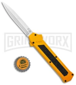 AKC F-16 Yellow D/A OTF Automatic Knife - Bayonet Satin Plain -Best Knifes Shop AKC F 16 Yellow DA OTF Auto Bayo Satin GX 37617 jr bottlecap large