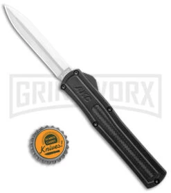 AKC F-20 Black D/A OTF Automatic Knife - Dagger Satin Plain -Best Knifes Shop AKC F 20 DA Dagger OTF Auto Black CF Satin BHQ 141100 jr bottlecap large