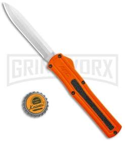 AKC F-20 Orange D/A OTF Drop Point Automatic Knife - Satin Plain -Best Knifes Shop AKC F 20 DA Dagger OTF Auto Orange Satin BHQ 140491 jr bottlecap large