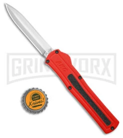 AKC F-20 Red Aluminum DBL Dagger OTF Automatic Knife - Satin Plain -Best Knifes Shop AKC F 20 DA Dagger OTF Auto Red Aluminum Satin BHQ 179208 jr bottlecap large