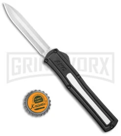 AKC F-20 Black W/ White Inlay D/A OTF Automatic Knife - Satin Plain -Best Knifes Shop AKC F 20 DA SP OTF Auto Black White Inlay Satin BHQ 152917 jr bottlecap large