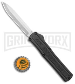 AKC F-20 Black D/A OTF Automatic Knife - Spear Point Satin Plain -Best Knifes Shop AKC F 20 DA SP OTF Auto black Satin BHQ 141097 jr bottlecap large