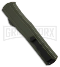 AKC F-20 D/A OTF OD Green Aluminum Automatic Knife - Satin Plain -Best Knifes Shop AKC F20 DA OTF AK Dagger OD Green Alum 3in Satin BHQ 178613 td side large