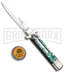 AKC 7.75" Leverletto Abalone Automatic Knife - Bayonet -Best Knifes Shop AKC Leverletto Abalone Auto Bayo BHQ 92874 jr bottlecap large