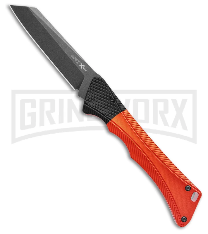 AKC Smarty Orange W/Black Bolster Automatic Knife Reverse Tanto - Black SW Plain 3 AKC Smarty Orange W/Black Bolster Automatic Knife Reverse Tanto - Black SW Plain