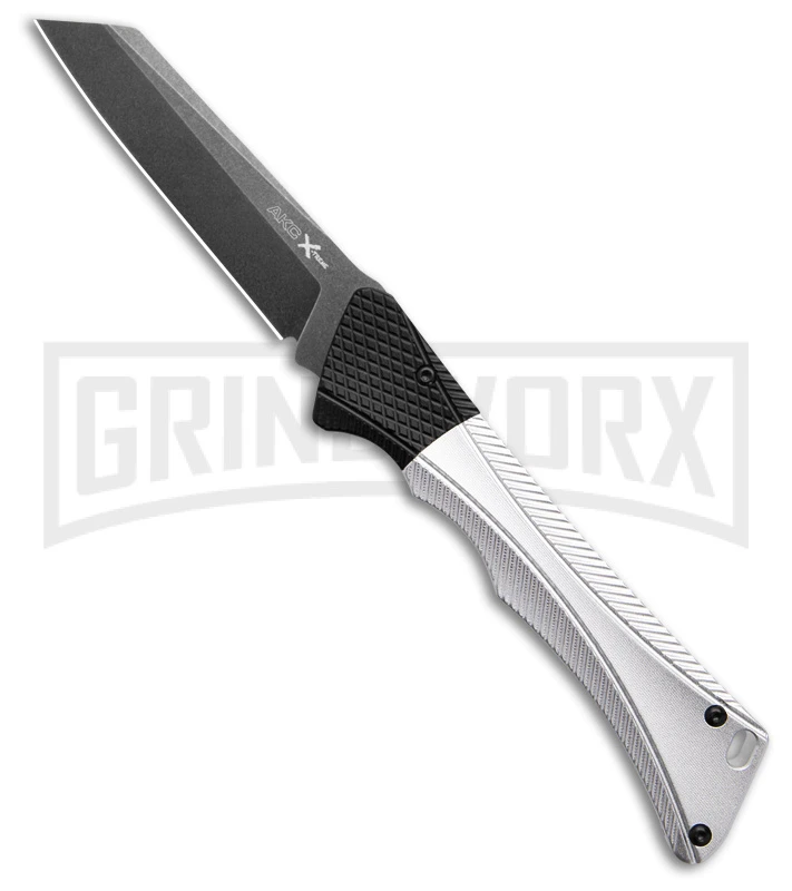 AKC Smarty Silver W/Black Bolster Automatic Knife Reverse Tanto - Black SW Plain 3 AKC Smarty Silver W/Black Bolster Automatic Knife Reverse Tanto - Black SW Plain