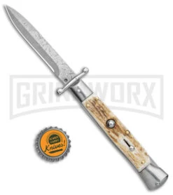 Automatic Italian Style Swinguard 9" Stag - Damascus Bayonet Blade -Best Knifes Shop AKC Swinguard 9in Stag Bayo Damascus GX 3647 jr bottlecap large
