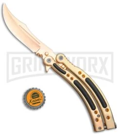 Andux CS Gold Balisong Butterfly Knife W/Black Inlays- Plain -Best Knifes Shop Andux CS Gold Balisong Butterfly Black Inlay Bowie Plain GX 35606 jr bottlecap large