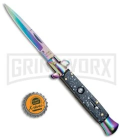 Anomaly 9" Black Speckle Stiletto Style Automatic Knife - Spectrum Plain -Best Knifes Shop Anomaly 9in Black Speckle Stiletto Style Auto Spectrum Plain A150PR BP 25375 jr bottlecap large