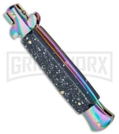 Anomaly 9" Black Speckle Stiletto Style Automatic Knife - Spectrum Plain -Best Knifes Shop Anomaly 9in Black Speckle Stiletto Style Auto Spectrum Plain A150PR BP 25375 jr side large