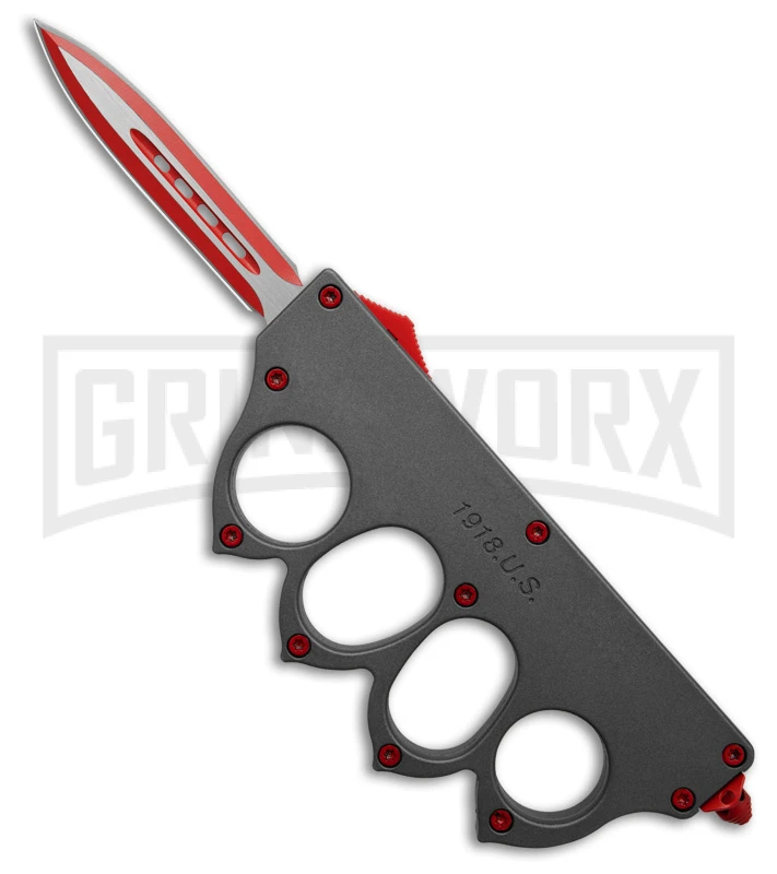 Atomic 1918 Gray OTF Automatic Knuckle Dagger Knife - Red Plain 3 Atomic 1918 Gray OTF Automatic Knuckle Dagger Knife - Red Plain