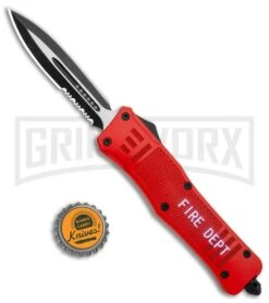 Atomic Defender Large OTF Automatic Knife Fire Dept. Red - Serr Two Tone Dagger -Best Knifes Shop Atomic Defender Dagger Fire Department Red OTF Auto Serr TT GX 35882 jr bottlecap large