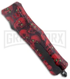 Atomic Defender Medium OTF Automatic Knife Red Skull - Two Tone Recurve -Best Knifes Shop Atomic Defender Medium OTF Auto Red Skull TT Recurve GX 37410 jr side large