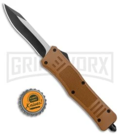 Atomic Defender Medium OTF Automatic Knife Sand Brown - Two Tone Recurve -Best Knifes Shop Atomic Defender Medium OTF Auto SAnd Brown TT Recurve GX 37465 jr bottlecap large