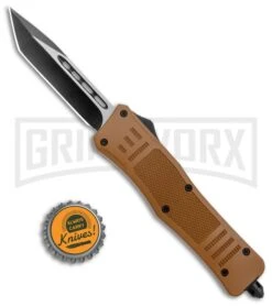 Medium Atomic Defender Brown Automatic Tanto Knife - Two-Tone Plain -Best Knifes Shop Atomic Defender Medium OTF Auto SAnd Brown TT Tanto GX 37471 jr bottlecap large