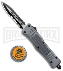 Atomic Defender Mini OTF Automatic Knife Gray - Serrated Two Tone Dagger -Best Knifes Shop Atomic Defender Mini OTF Auto Gray TT Dagger Serr GX 37391 jr bottlecap large
