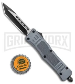 Atomic Defender Mini OTF Automatic Tanto Knife Gray (2.75" Two-Tone Satin) -Best Knifes Shop Atomic Defender Mini OTF Auto Gray TT Tanto GX 37472 jr bottlecap large