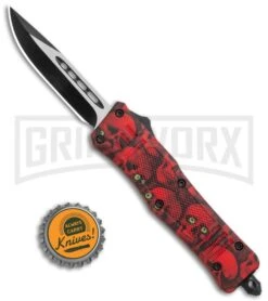 Atomic Defender Mini OTF Automatic Knife Red Skull - Two Tone Drop Point Plain -Best Knifes Shop Atomic Mini DP Red Skull OTF Auto TT GX 36430 jr bottlecap large