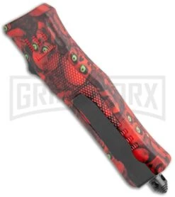 Atomic Defender Mini OTF Automatic Knife Red Skull - Two Tone Drop Point Plain -Best Knifes Shop Atomic Mini DP Red Skull OTF Auto TT GX 36430 jr side large