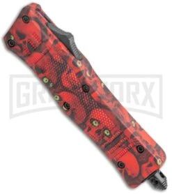 Atomic Defender Mini OTF Automatic Knife Red Skull - Two Tone Drop Point Plain -Best Knifes Shop Atomic Mini DP Red Skull OTF Auto TT GX 36430 jr spine large