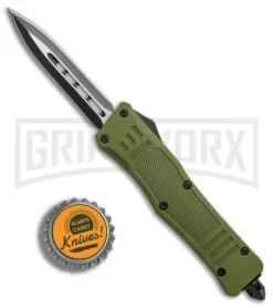 Atomic Defender Mini OTF Automatic Knife OD Green - Plain Two Tone Dagger -Best Knifes Shop Atomic Mini Defender OD Green black dagger plain BP 23736 er bottlecap large